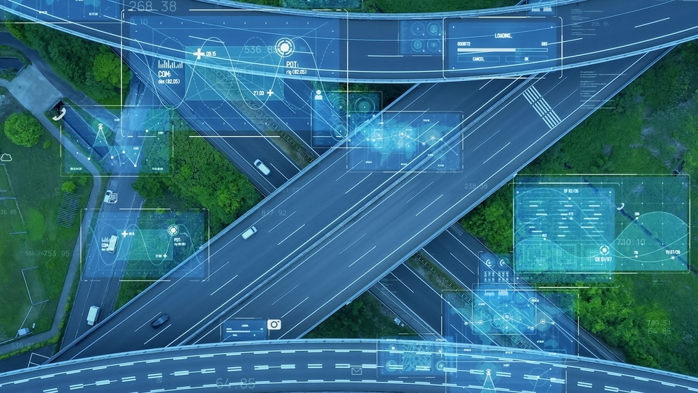A mobile surveillance system monitoring a transportation network, displayed in a digitally enhanced, blue background.