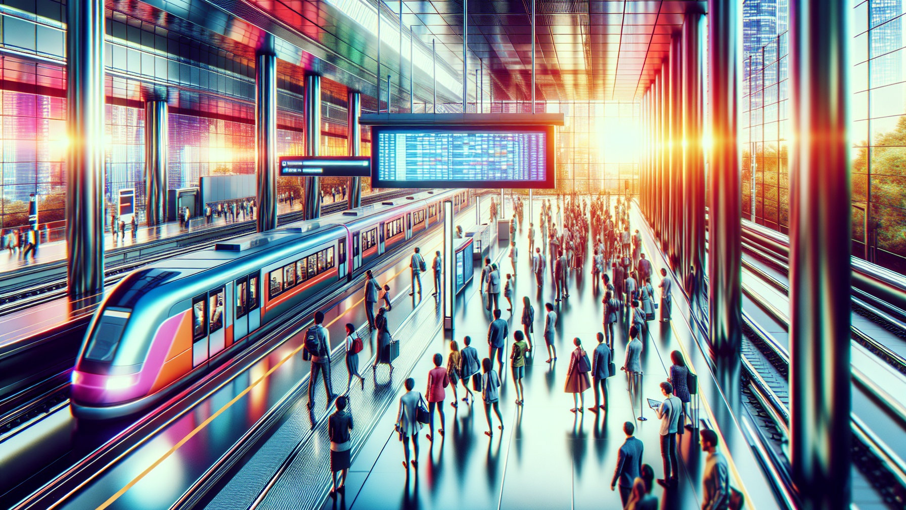 People at modern railway station looking to timetable, digital, bright light radiant colors