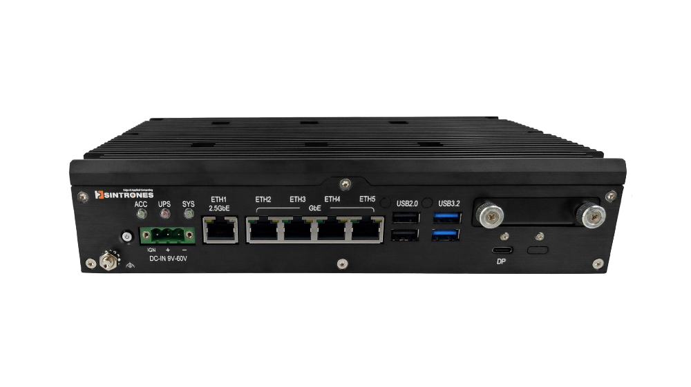 A professional white-background studio shot of the VBOX-3631 edge AI computer, highlighting its fanless design and built-in NPU capability.
