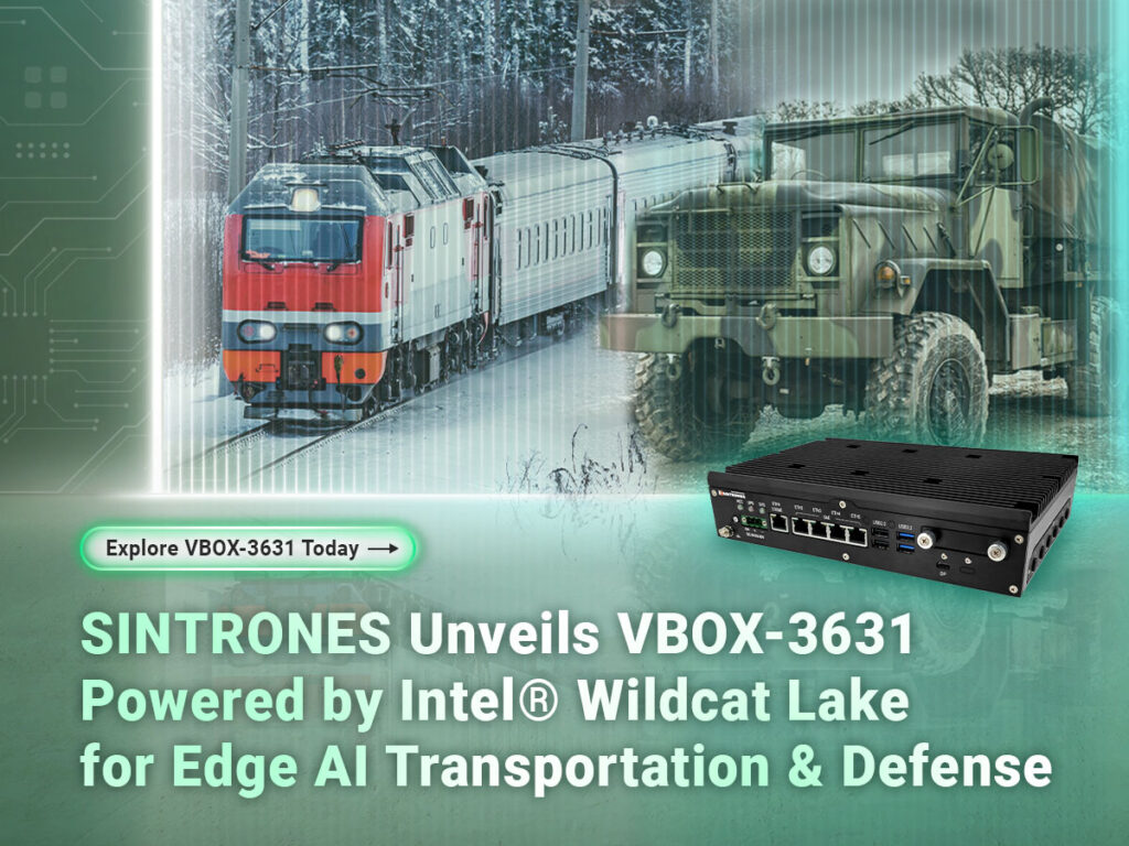 SINTRONES VBOX-3631 fanless in-vehicle computer powered by Intel Wildcat Lake processors with built-in NPU for smart mobility and rugged edge AI computing applications.