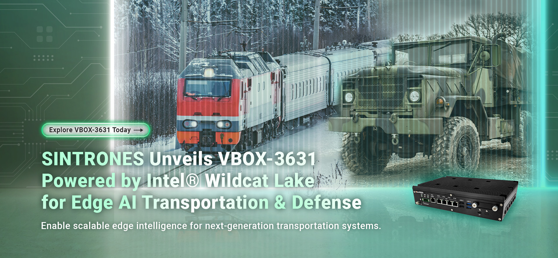 The SINTRONES VBOX-3631 fanless edge AI computer with Intel Wildcat Lake architecture, displayed as a high-performance smart mobility platform.