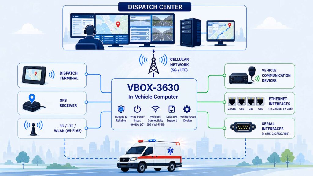 System architecture of the VBOX-3630 onboard computer connecting dispatch center, GPS, 5G/LTE, and vehicle communication devices