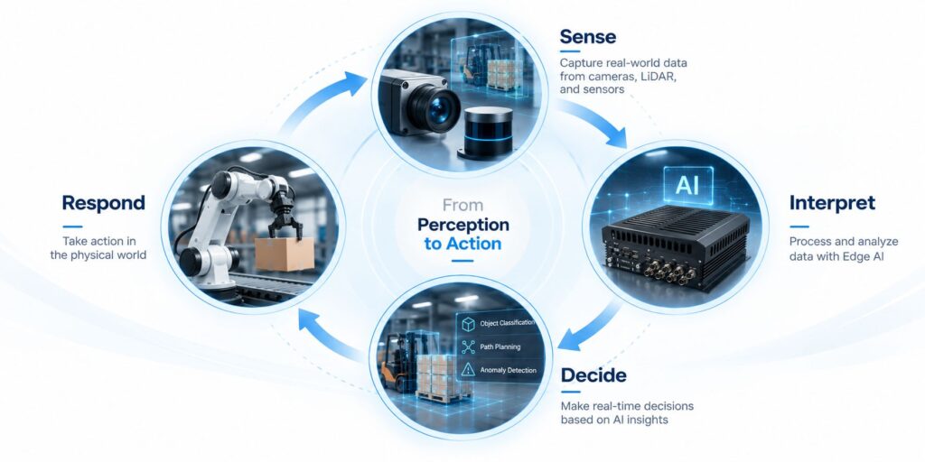 Physical AI cycle showing how Edge AI enables robots to sense, interpret, decide, and respond in real time.